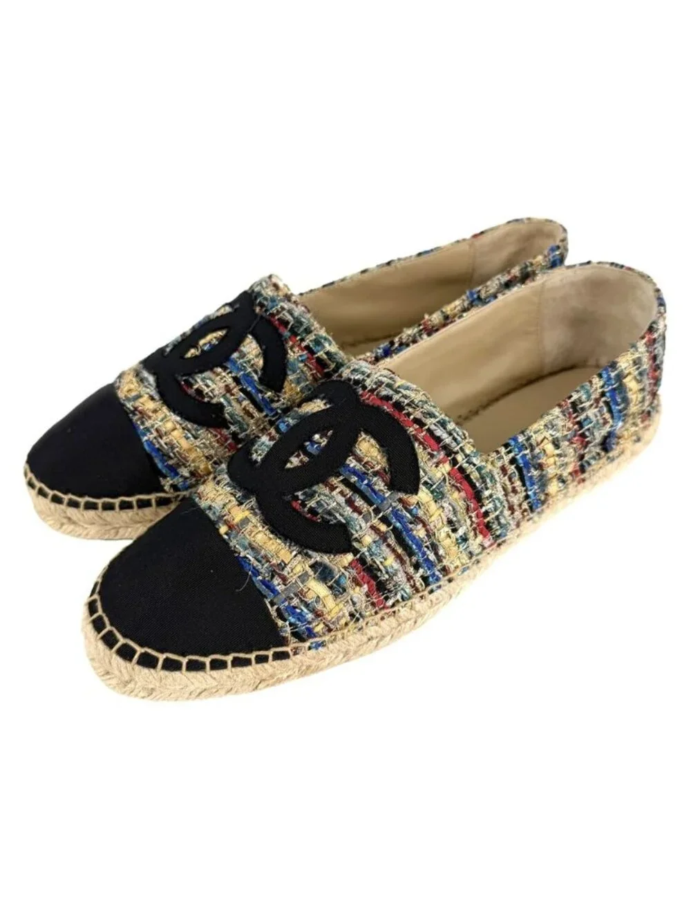 Chanel Sneakers Espadrilles Flat Shoes CC Logo Slip-on Tweed Multicolor Black